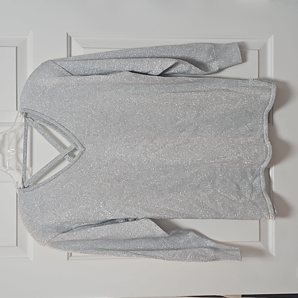 ~SOLD~🤍Sparkly Silver Christine Phillipe X-Back Sweater Size Large